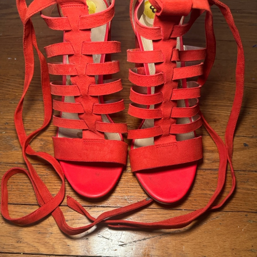 Gorgeous Sam Edelman Red Yarina Leather Chunky Heel Strappy Sandals Size 8 - Picture 7 of 11